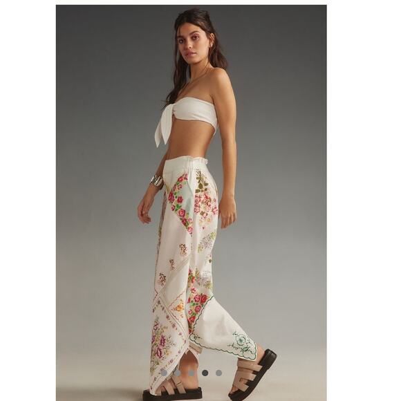 By Anthropologie Patchwork Linen Wide-Leg Crop Pants - Picture 3 of 10